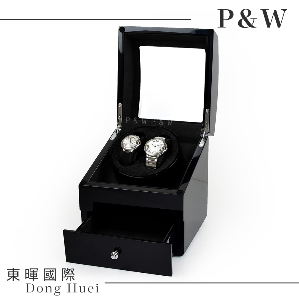 【P&W手錶自動上鍊盒】【玻璃鏡面】2支裝 5種轉速設定 【木質鋼琴烤漆】(手錶收藏盒、動力儲存盒)