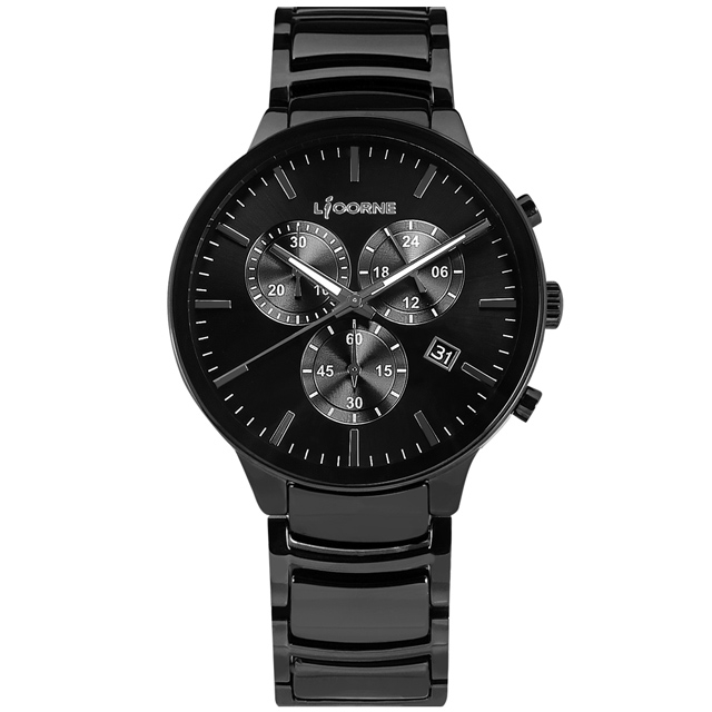 LICORNE 力抗 / LT153MBBI / 三眼計時 都會時尚 日期 陶瓷不鏽鋼手錶 黑色 42mm