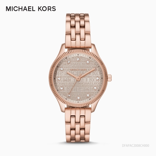 MICHAEL KORS經典滿版logo玫瑰金時尚腕錶MK6799