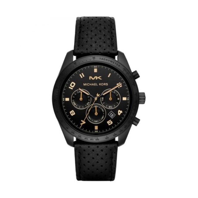 【Michael Kors】美式經典個性三眼時尚真皮腕錶-經典黑/MK8705