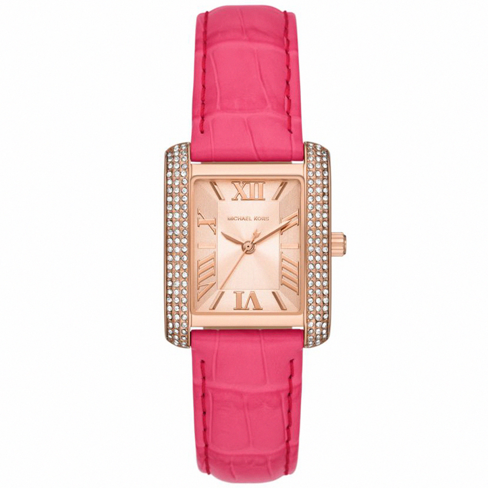 【Michael Kors】公司貨 方形粉紅芭比羅馬皮革腕錶/粉x玫瑰金面(MK2984)