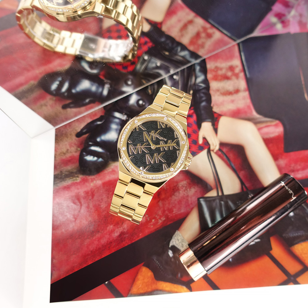 MICHAEL KORS / MK7404 / 經典LOGO 晶鑽奢華 日本機芯 不鏽鋼手錶 黑x鍍金 37mm
