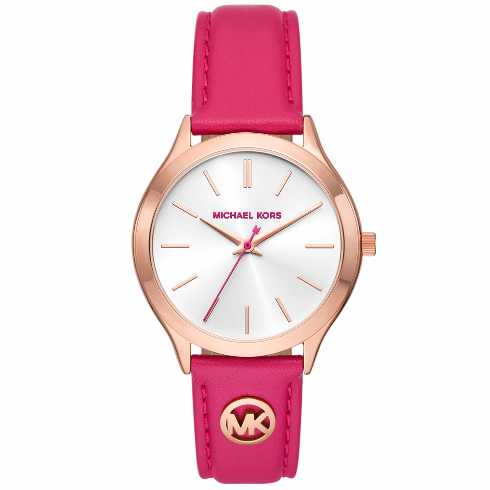 【Michael Kors】公司貨 Slim Runway 粉紅芭比皮革腕錶/粉x粉紅金框(MK7469)