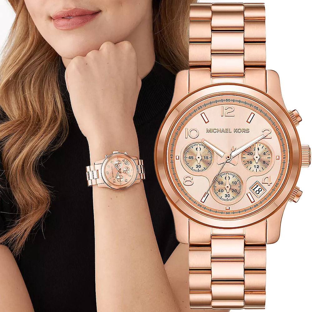 Michael Kors MK Runway 玫瑰金三眼計時女錶-38mm MK7324