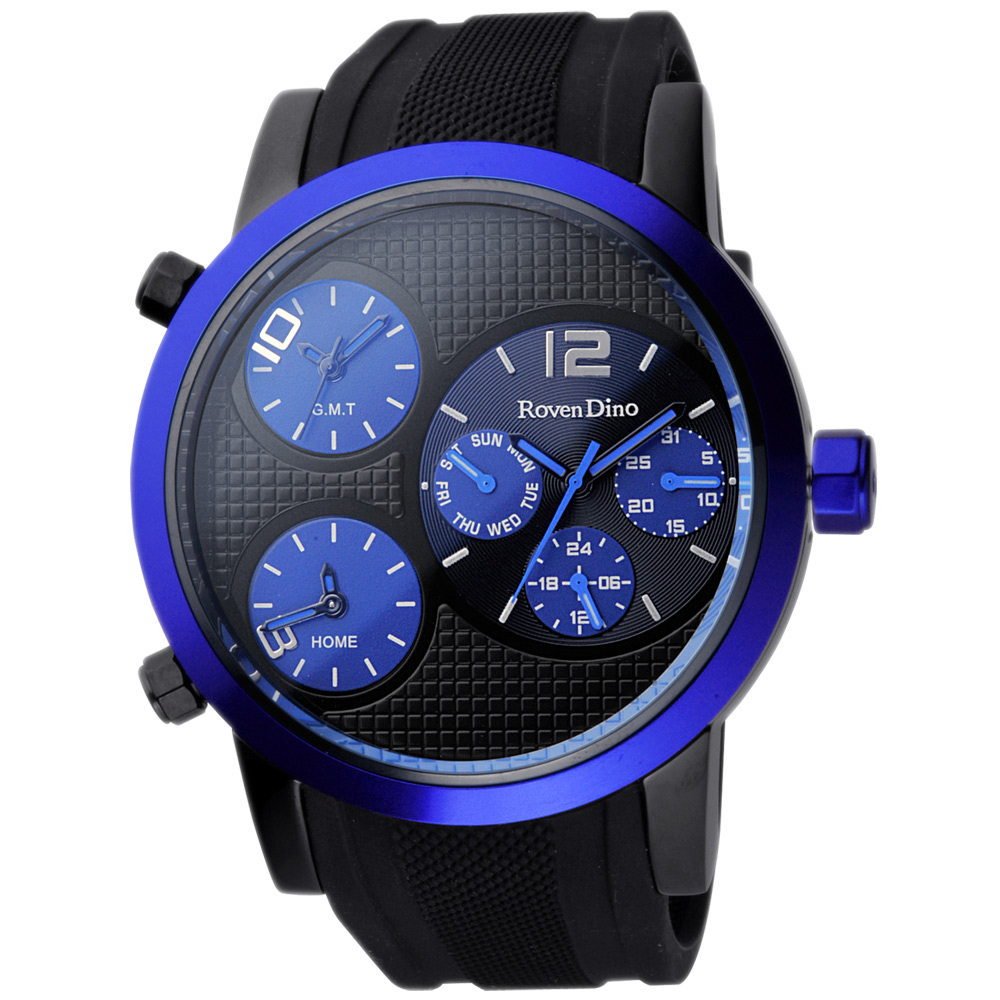 Roven Dino羅梵迪諾 電光之戰三時區全日曆個性腕錶-藍