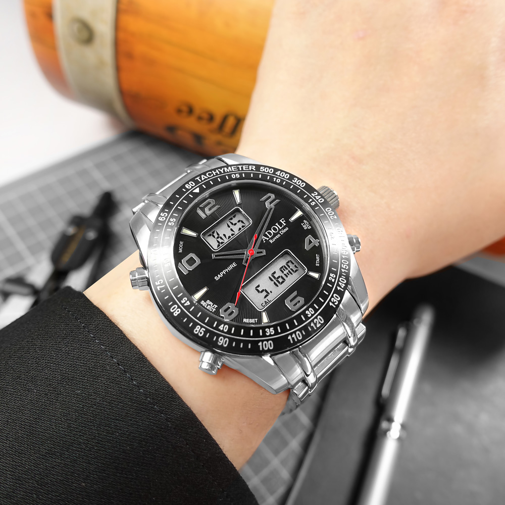 羅梵迪諾 Roven Dino / AF88488BK / 運動潮流 雙顯 計時 防水 不鏽鋼手錶 黑色 45mm
