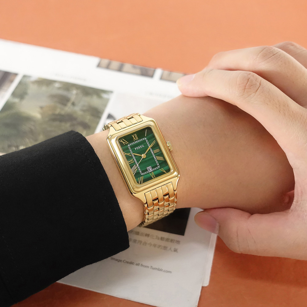 FOSSIL / ES5341 / 復古方形 羅馬刻度 小巧典雅 日期 不鏽鋼手錶 孔雀石綠x鍍金 26mm
