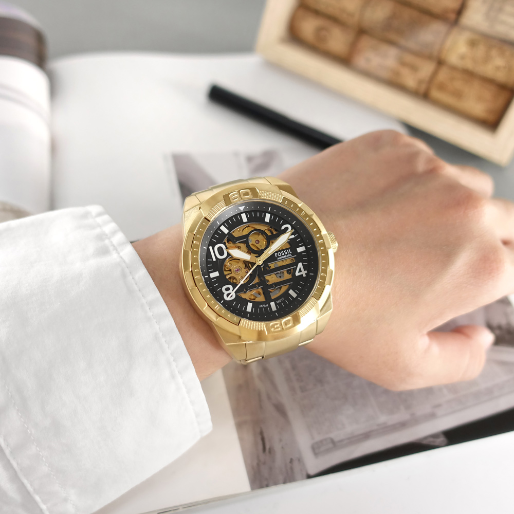 FOSSIL / ME3257 / 工業風格 機械錶 自動上鍊 鏤空 日本機芯 不鏽鋼手錶 黑x鍍金 48mm