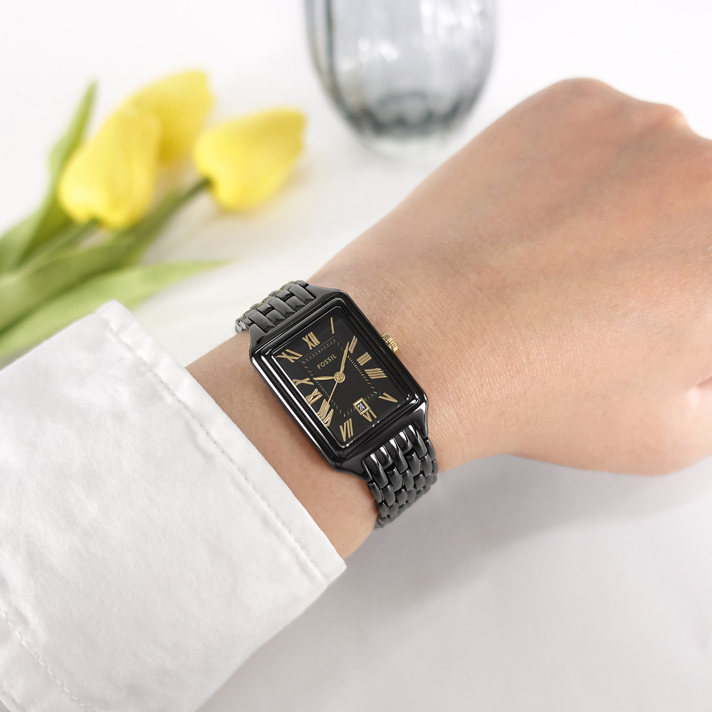 FOSSIL / ES5385 / 復古方形 羅馬刻度 小巧典雅 日期 不鏽鋼手錶 鍍黑 23mm