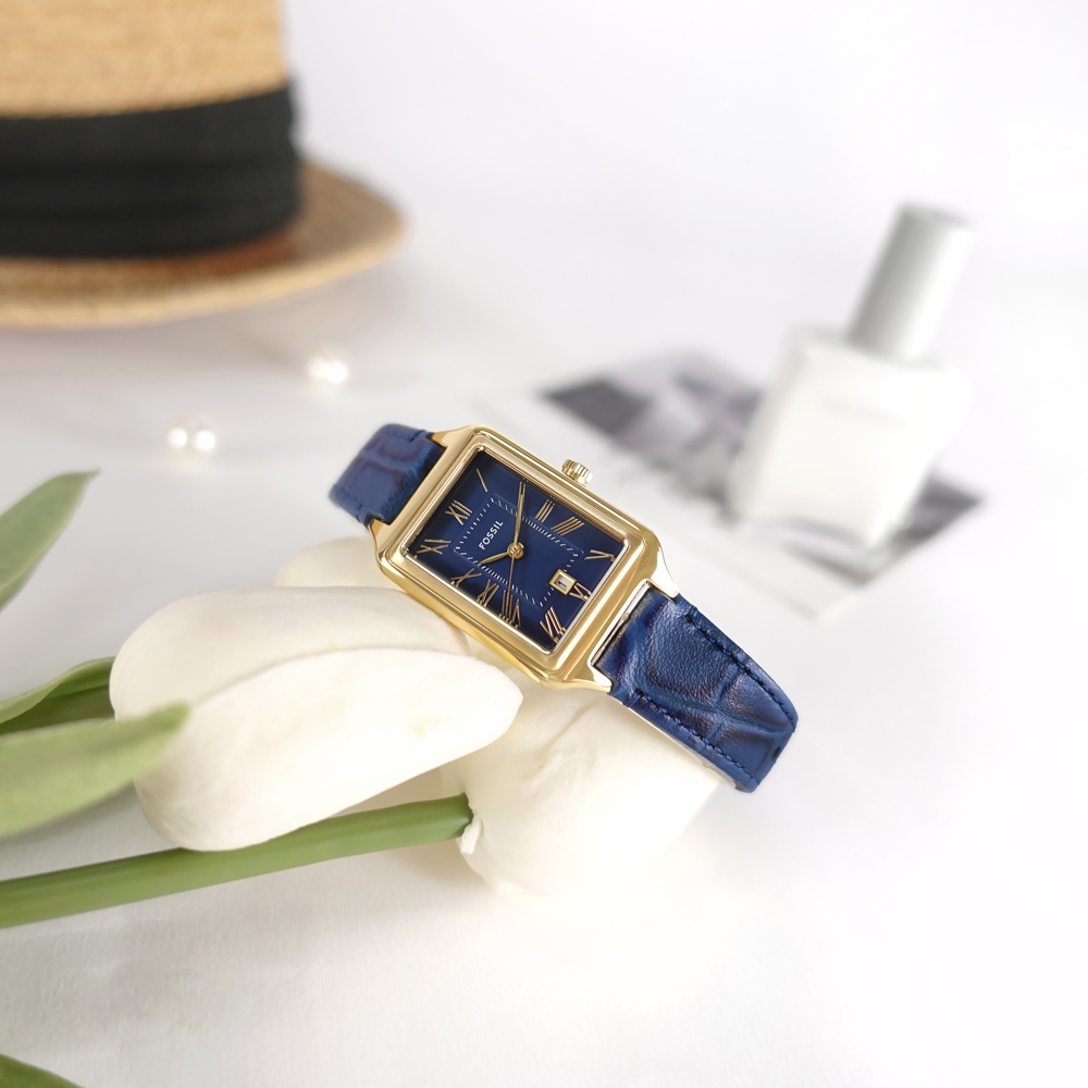 FOSSIL / ES5365 / 復古方形 羅馬刻度 日期 壓紋真皮手錶 藍x金框 23mm