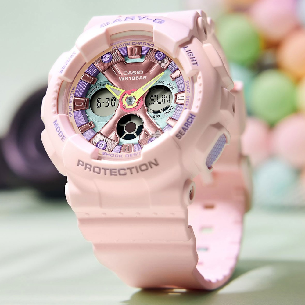 CASIO BABY-G 粉彩撞色金屬質感時尚腕錶/粉/BA-130PM-4A