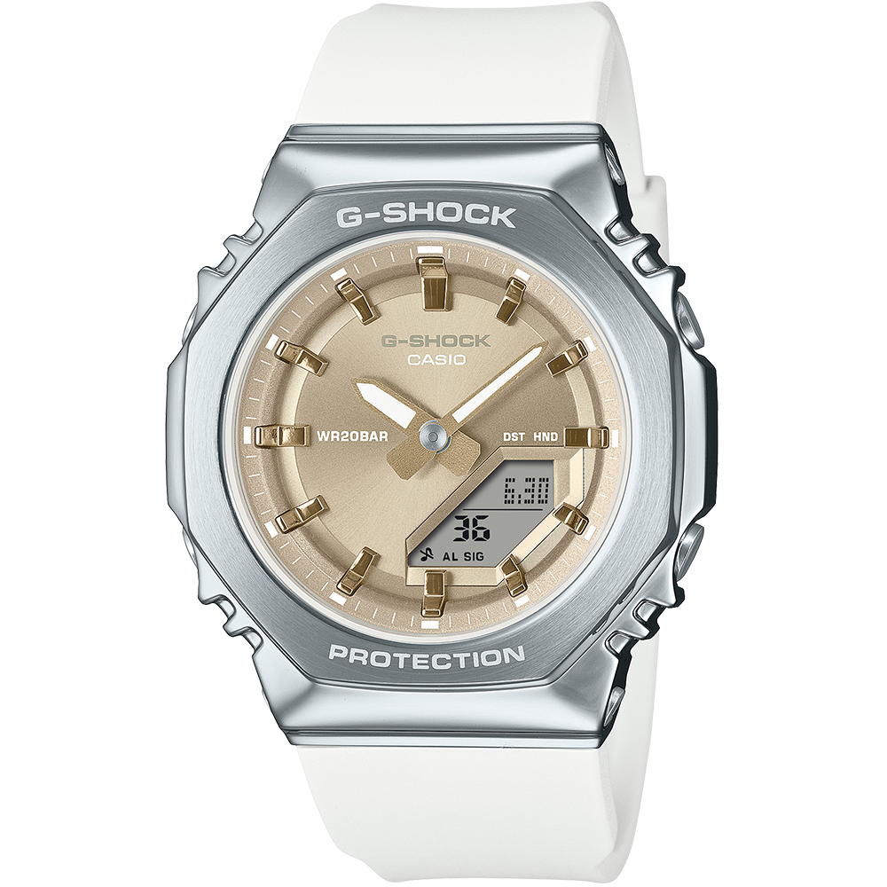 CASIO G-SHOCK 金屬時尚八角造型計時錶/米X白/GM-S2110-7A9