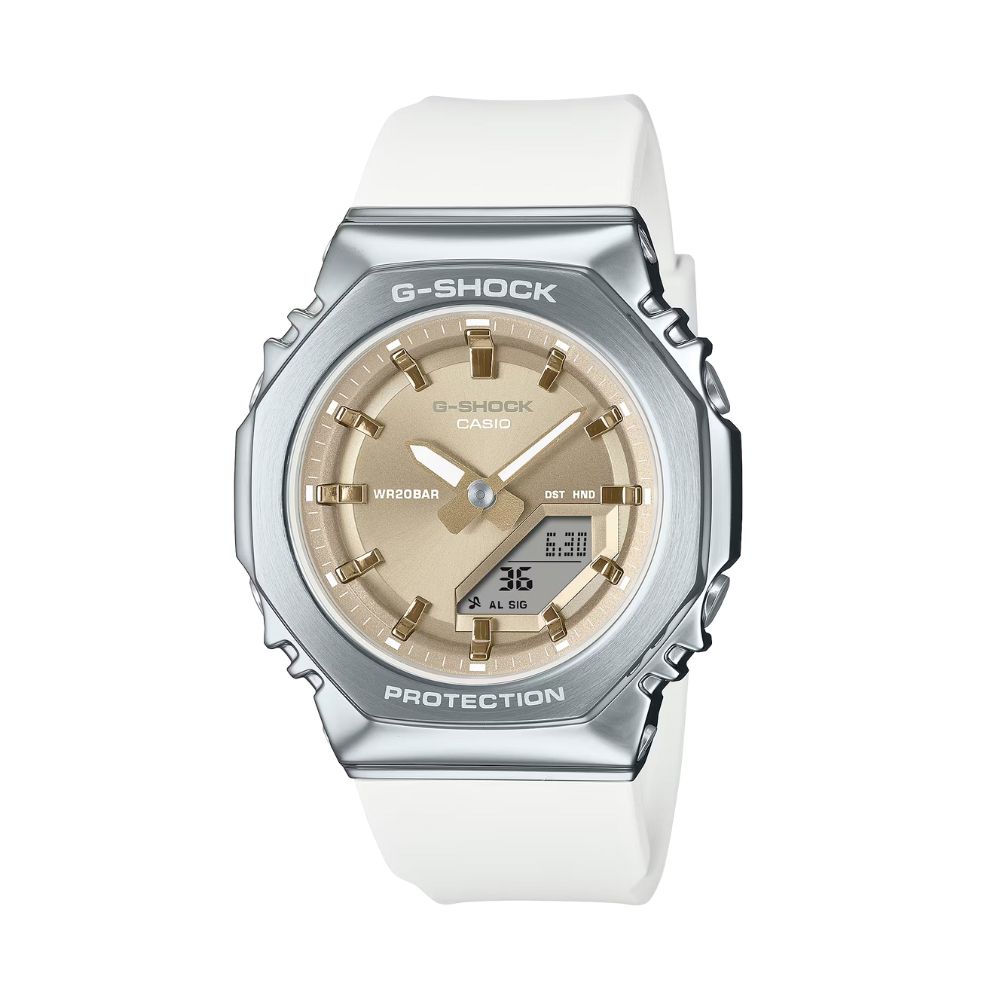 【CASIO 卡西歐】G-SHOCK 優雅銀白 亮麗色彩迷人米黃 金屬錶殼八角形錶殼 GM-S2110-7A9 40.5mm