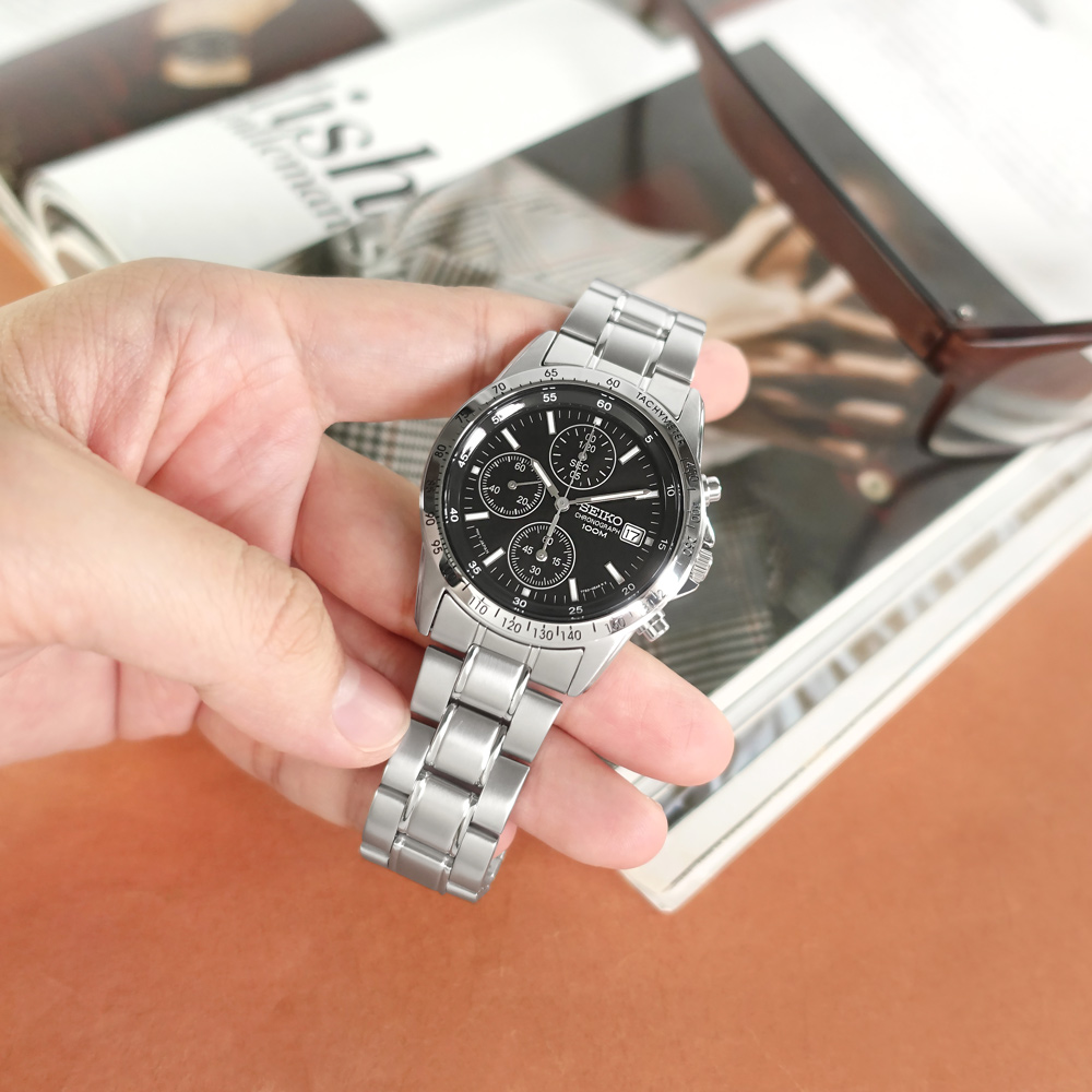 SEIKO 精工 / SND367PC / 三眼計時 防水100米 不鏽鋼手錶 黑色 38mm