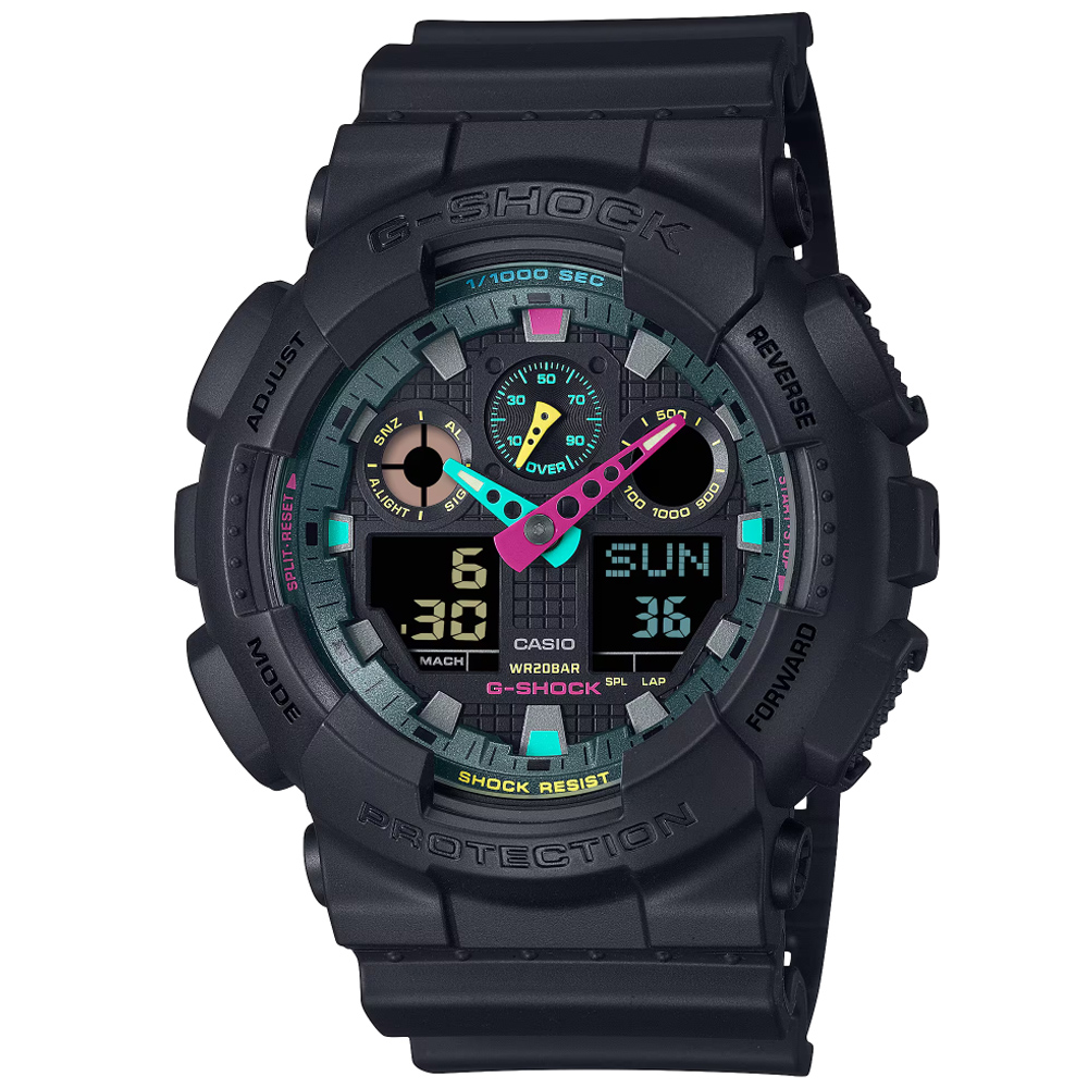CASIO卡西歐 G-SHOCK 時尚螢光色彩 雙顯腕錶 GA-100MF-1A