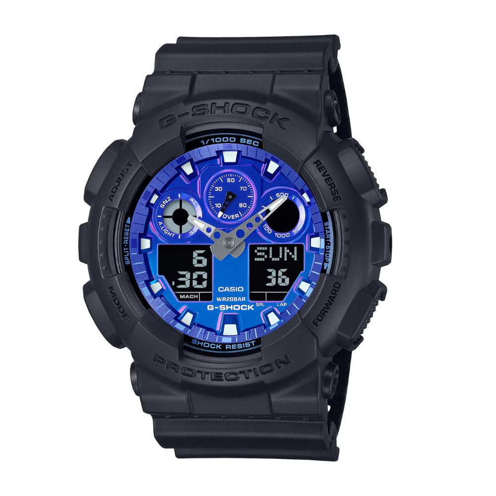 【CASIO 卡西歐】G-SHOCK 熾熱耀眼 搶眼火焰 熾焰藍 雙顯系列 GA-100FL-1A 51.2mm