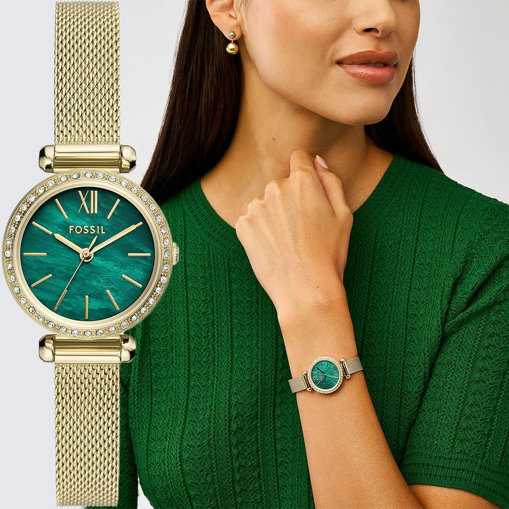 FOSSIL Tillie 珍珠母貝時尚晶鑽米蘭女錶-綠/26mm BQ3987