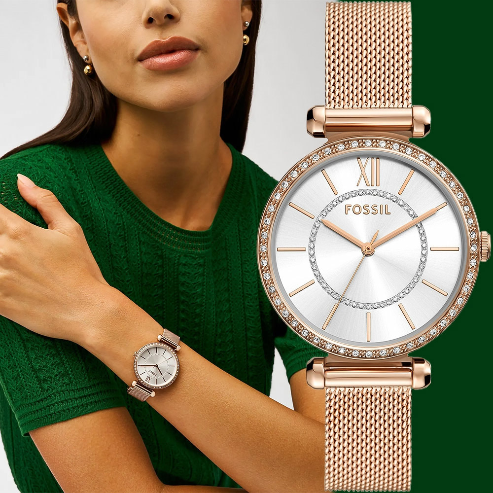 FOSSIL Tillie 時尚晶鑽米蘭女錶-銀x玫瑰金/36mm BQ3989