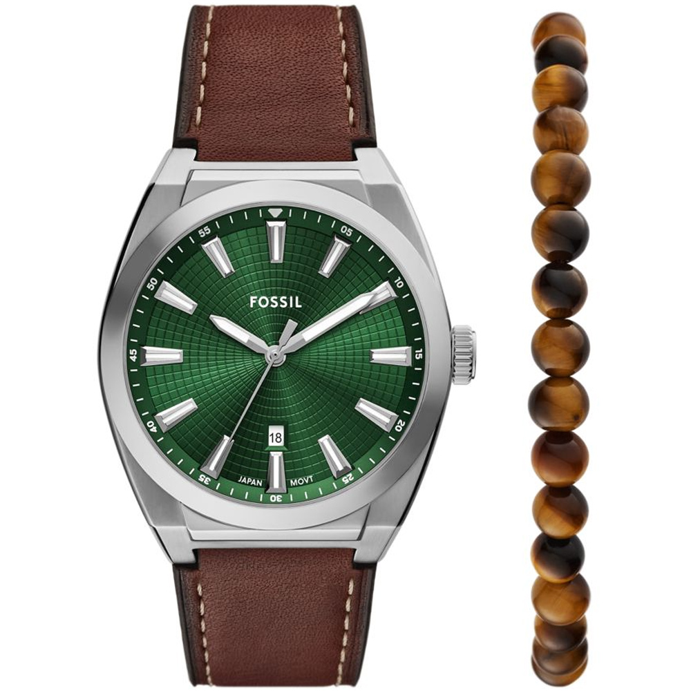 【FOSSIL】Everett 時尚簡約皮革腕錶禮盒組/咖x綠面 附虎眼石手鍊 男錶(FS6080SET)