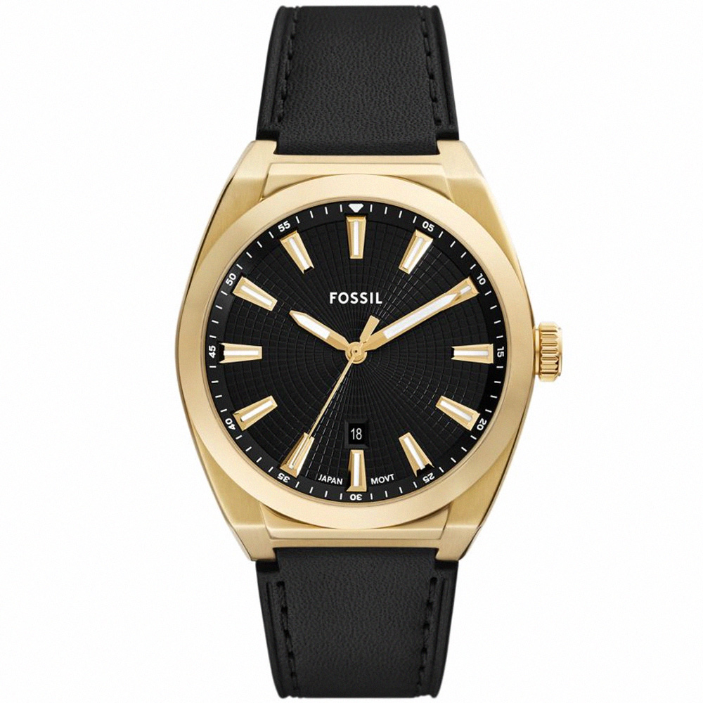 【FOSSIL】公司貨 Everett 奢華黑金皮革腕錶/黑x金框 男錶(FS6089)