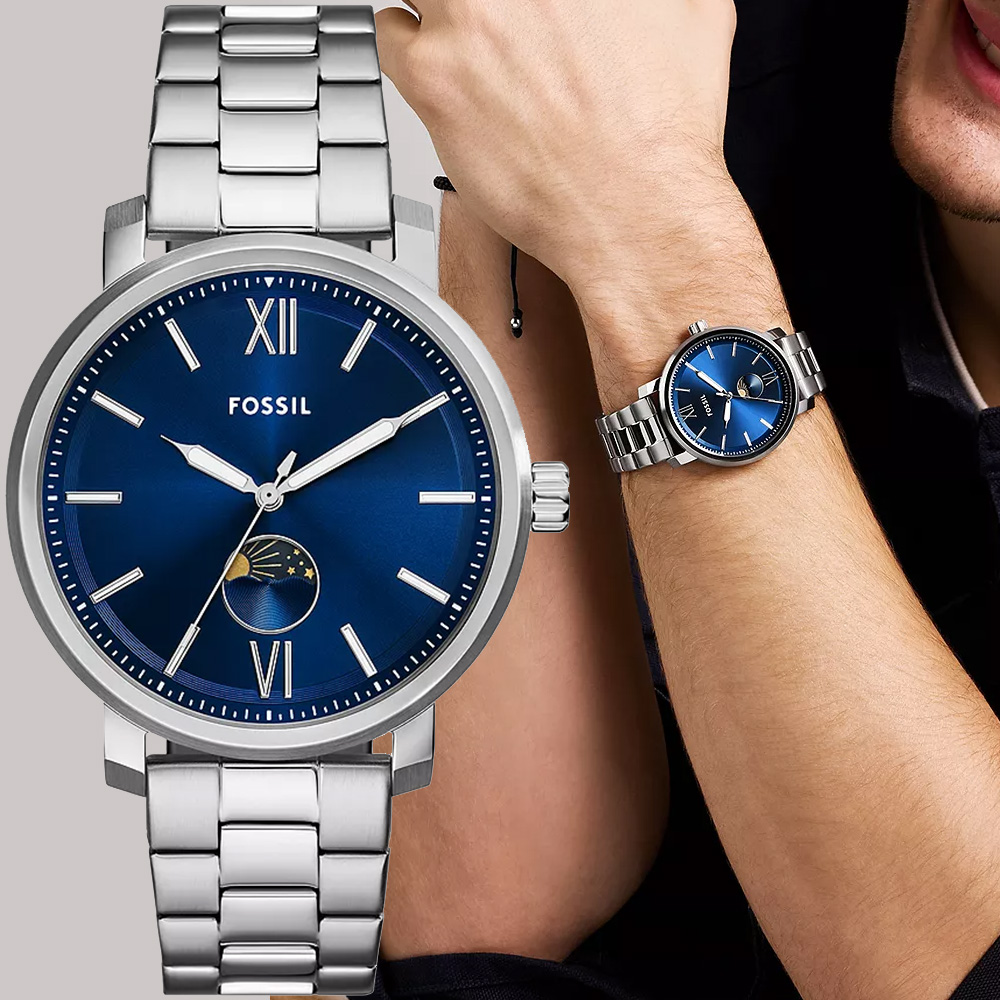 FOSSIL Rhett 日月相手錶-銀x藍/43mm BQ2909