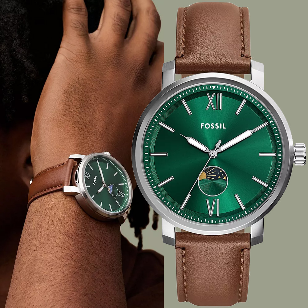 FOSSIL Rhett 日月相手錶-咖啡x綠/43mm BQ2907