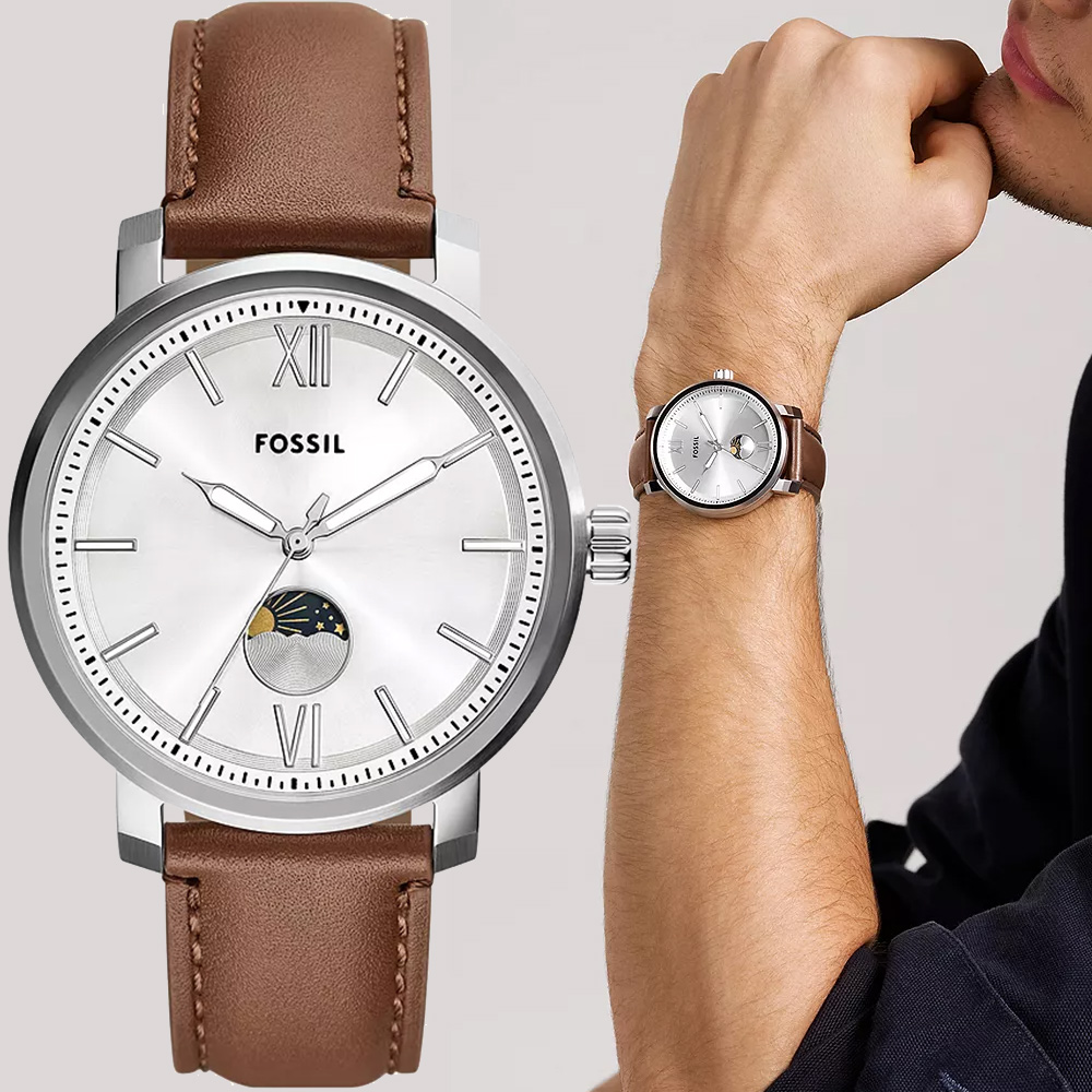 FOSSIL Rhett 日月相手錶-咖啡x銀/43mm BQ2908