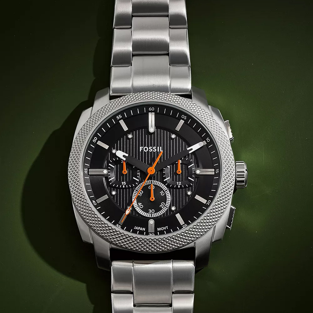 FOSSIL Machine 簡約撞色工業風三眼計時手錶-銀x黑/44mm FS6095