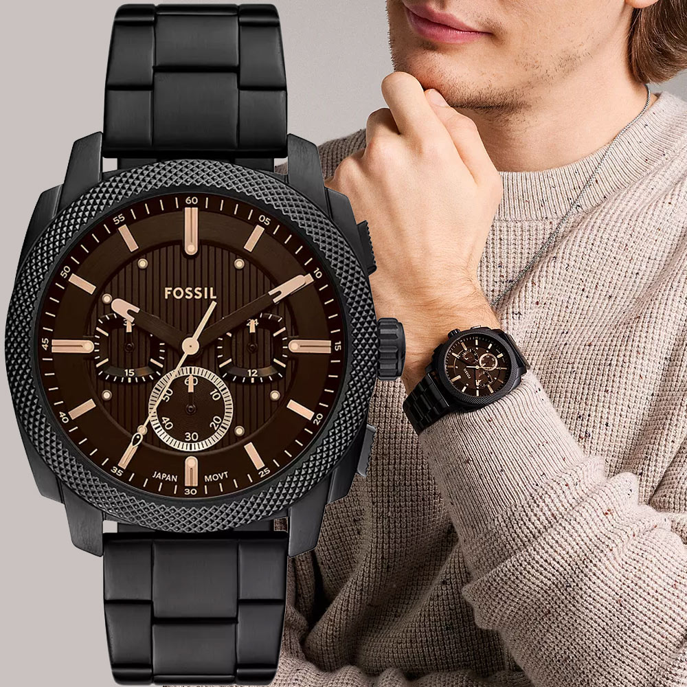 FOSSIL Machine 簡約工業風三眼計時手錶-44mm FS6097