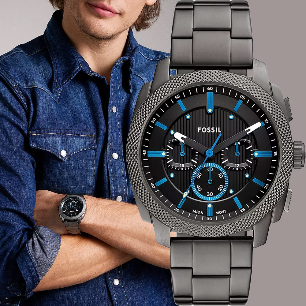 FOSSIL Machine 簡約撞色工業風三眼計時手錶-黑x藍/44mm FS6098