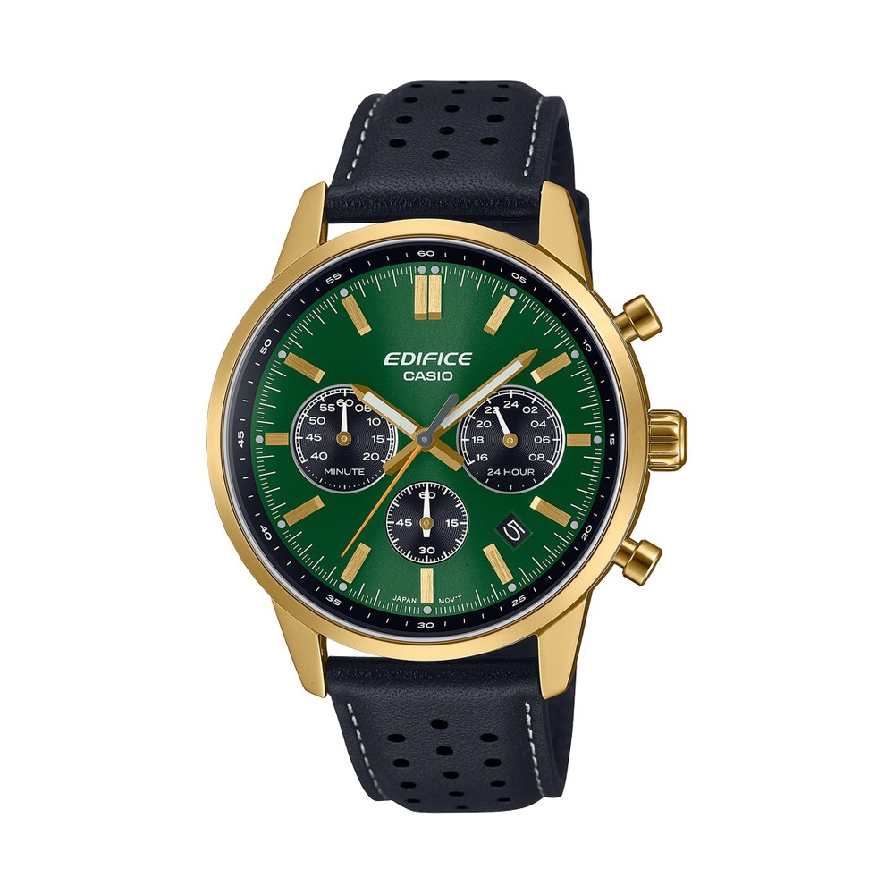 【CASIO 卡西歐】EDIFICE 三針三眼 日期顯示窗 奢華金綠 皮革錶帶 標準計時碼錶 EFR-575CL-3A 40.5mm