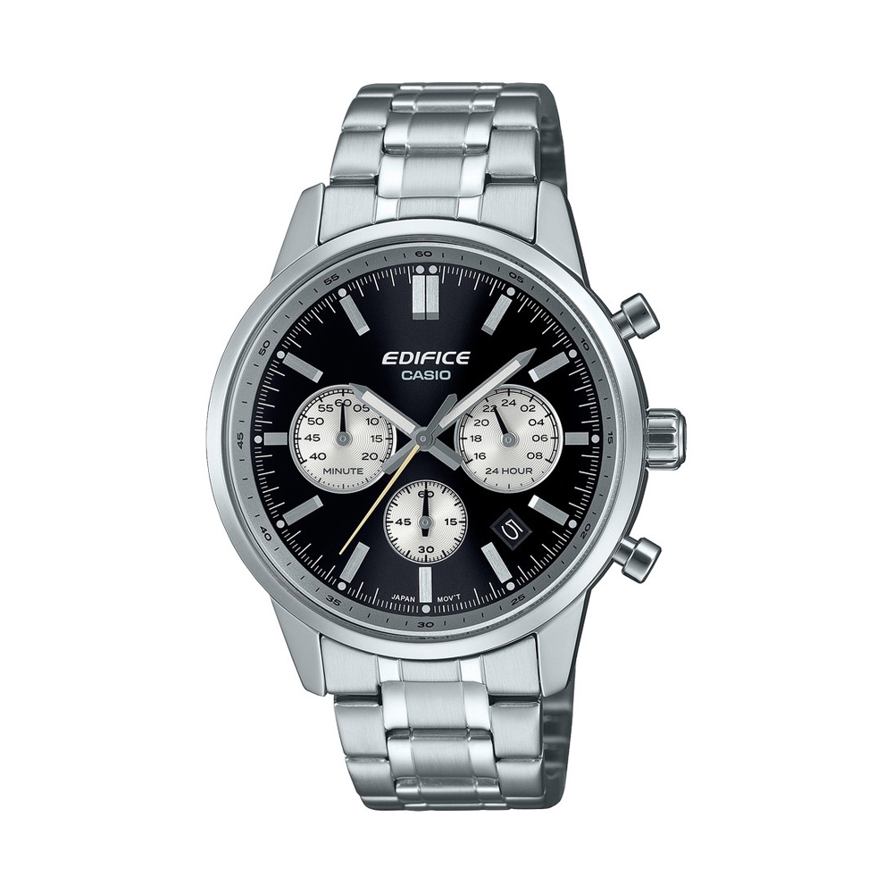 【CASIO 卡西歐】EDIFICE 三針三眼 日期顯示窗 經典黑 標準計時碼錶 球面玻璃設計 EFR-575D-1A 40.5mm