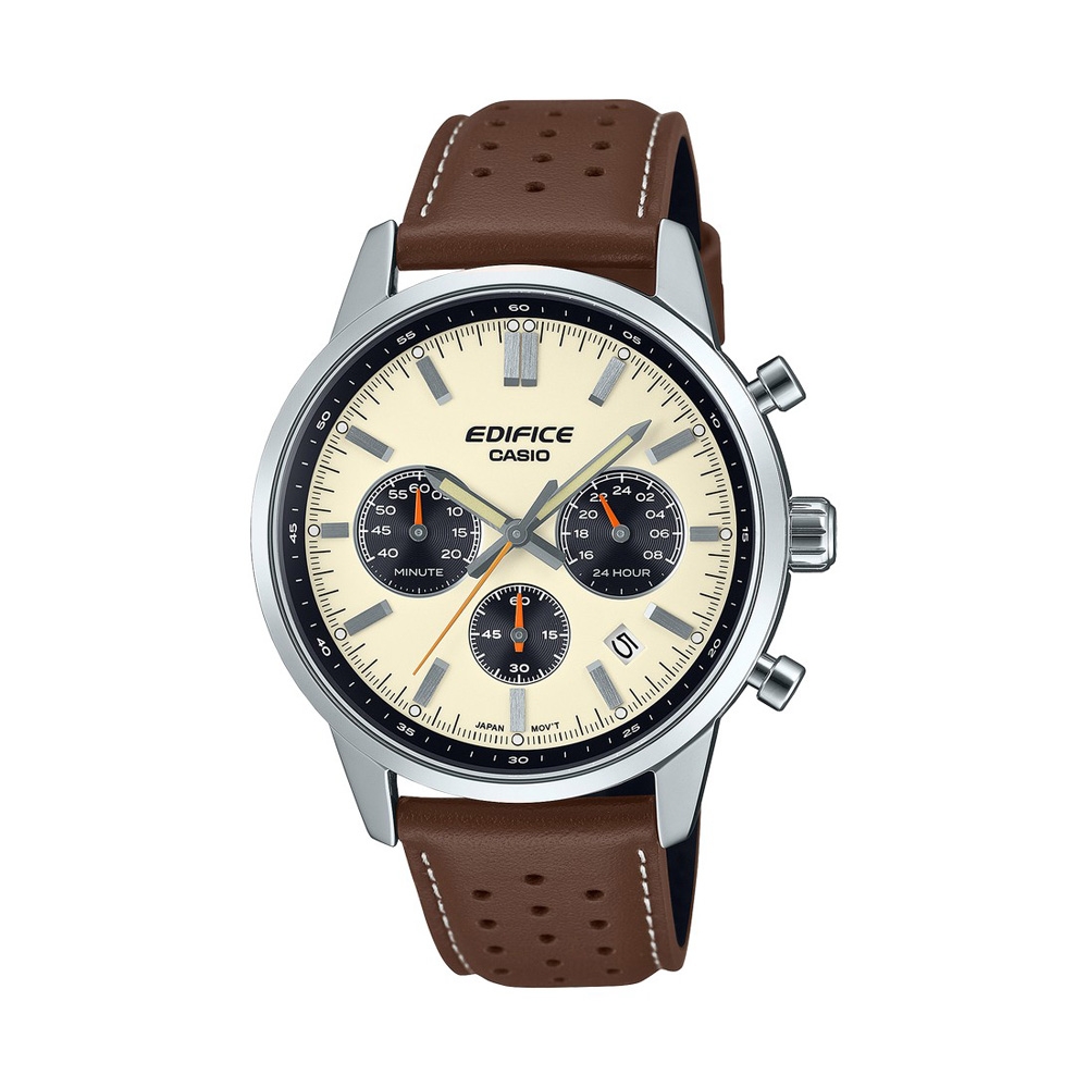 【CASIO 卡西歐】EDIFICE 三針三眼 日期顯示窗 雅痞棕 皮革錶帶 標準計時碼錶 EFR-575L-7A 40.5mm