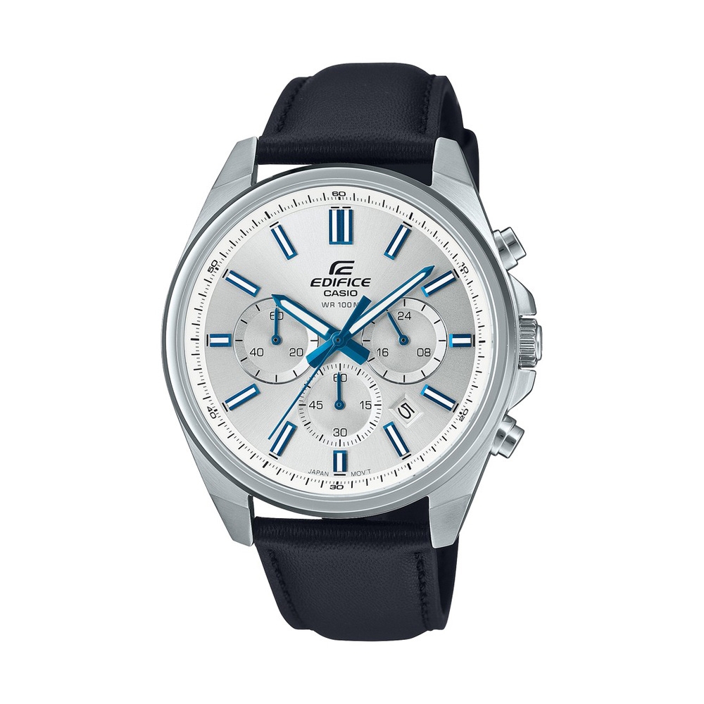 【CASIO 卡西歐】EDIFICE 三針三眼 標準計時鐘錶 經典黑銀 日期顯示窗 皮革錶帶 EFV-650L-7A 43.5mm