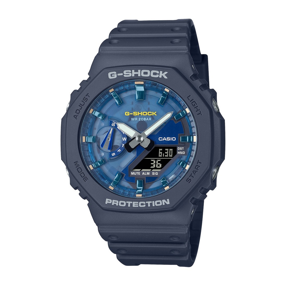 【CASIO 卡西歐】G-SHOCK 熱帶風格 暗夜綠洲 秘境藍 八角形錶殼 GA-2100AS-2A 45.4mm