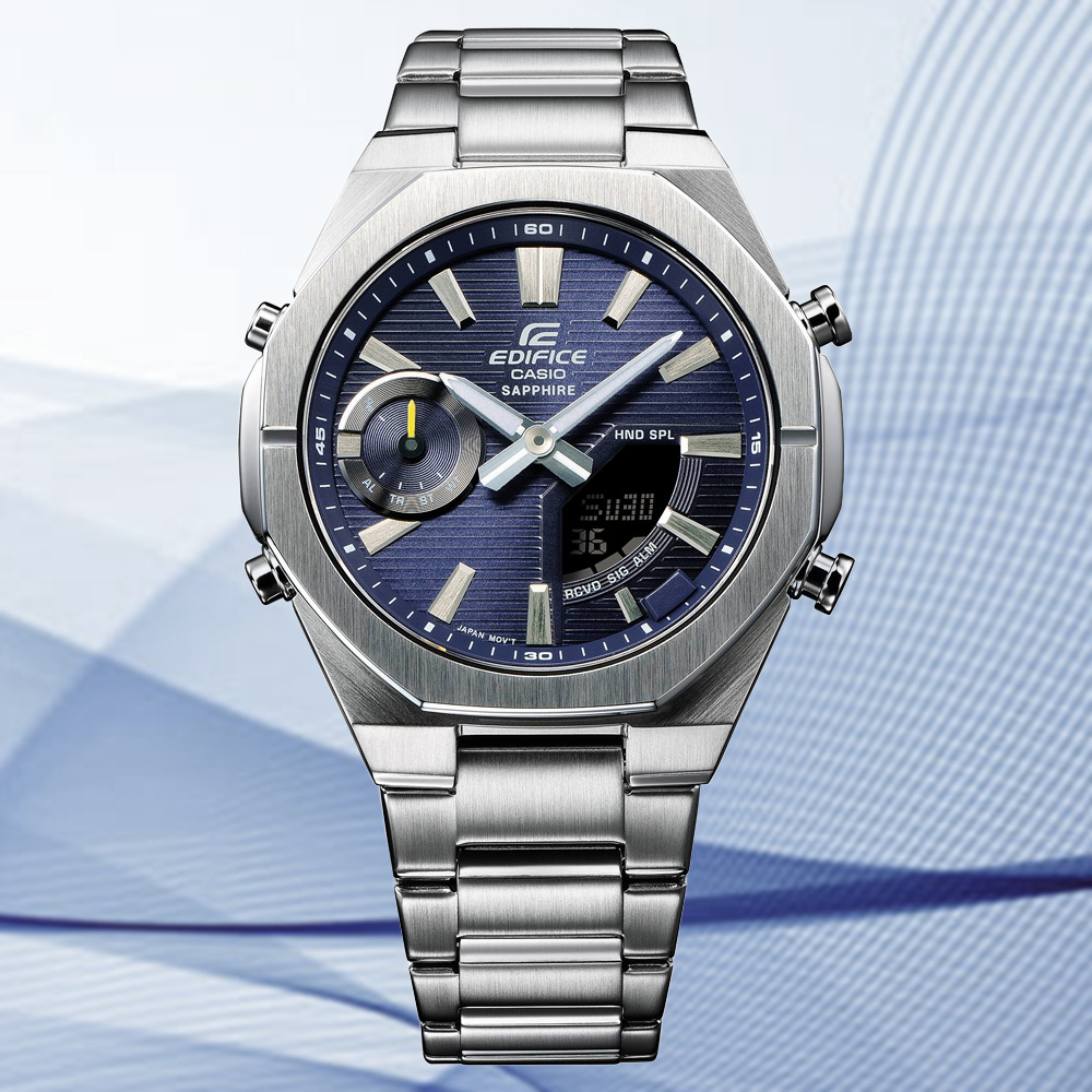 CASIO 卡西歐 EDIFICE 智慧藍芽手機連結 纖薄舒適 雙顯錶-藍 ECB-S10D-2A