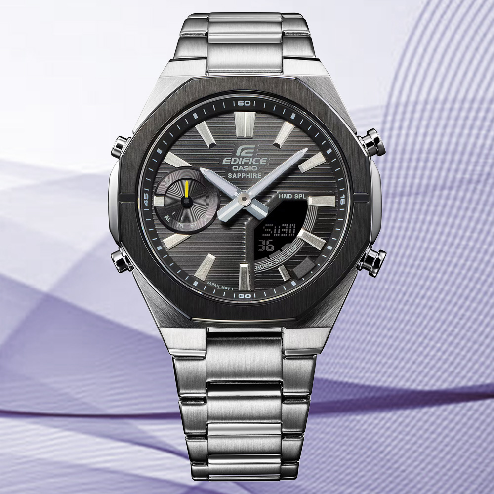 CASIO 卡西歐 EDIFICE 智慧藍芽手機連結 纖薄舒適 雙顯錶-深灰 ECB-S10DB-1A