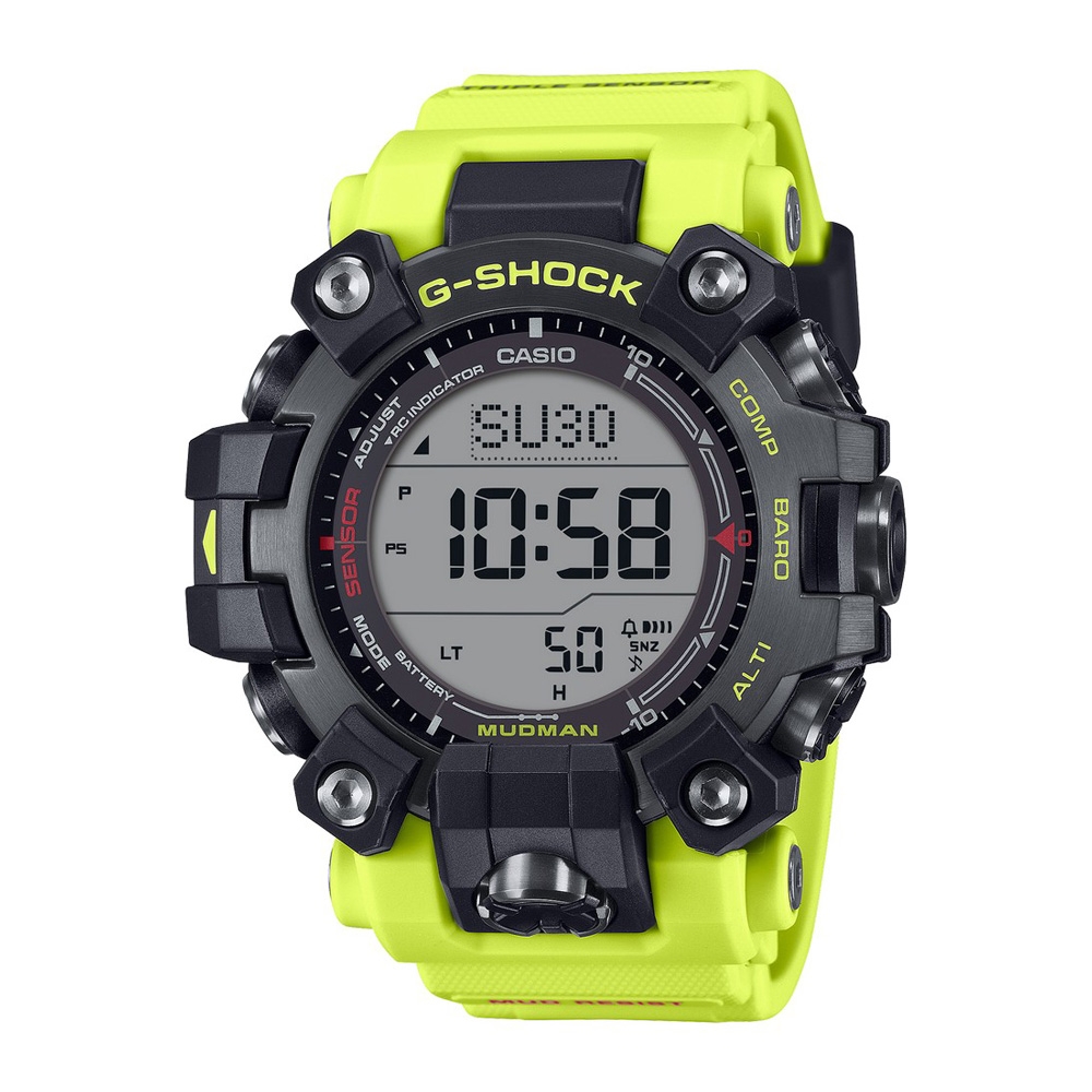 【CASIO 卡西歐】G-SHOCK 電波 太陽能 亮黃 雙層LCD顯示 三重感應器 緊急救援系列 GW-9500MRY-1A9 mm