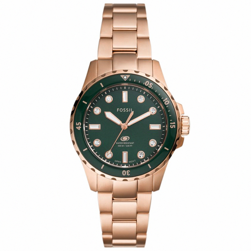 【FOSSIL】公司貨 Blue Dive 知性風尚不鏽鋼腕錶/玫瑰金x綠面 女錶(ES5371)