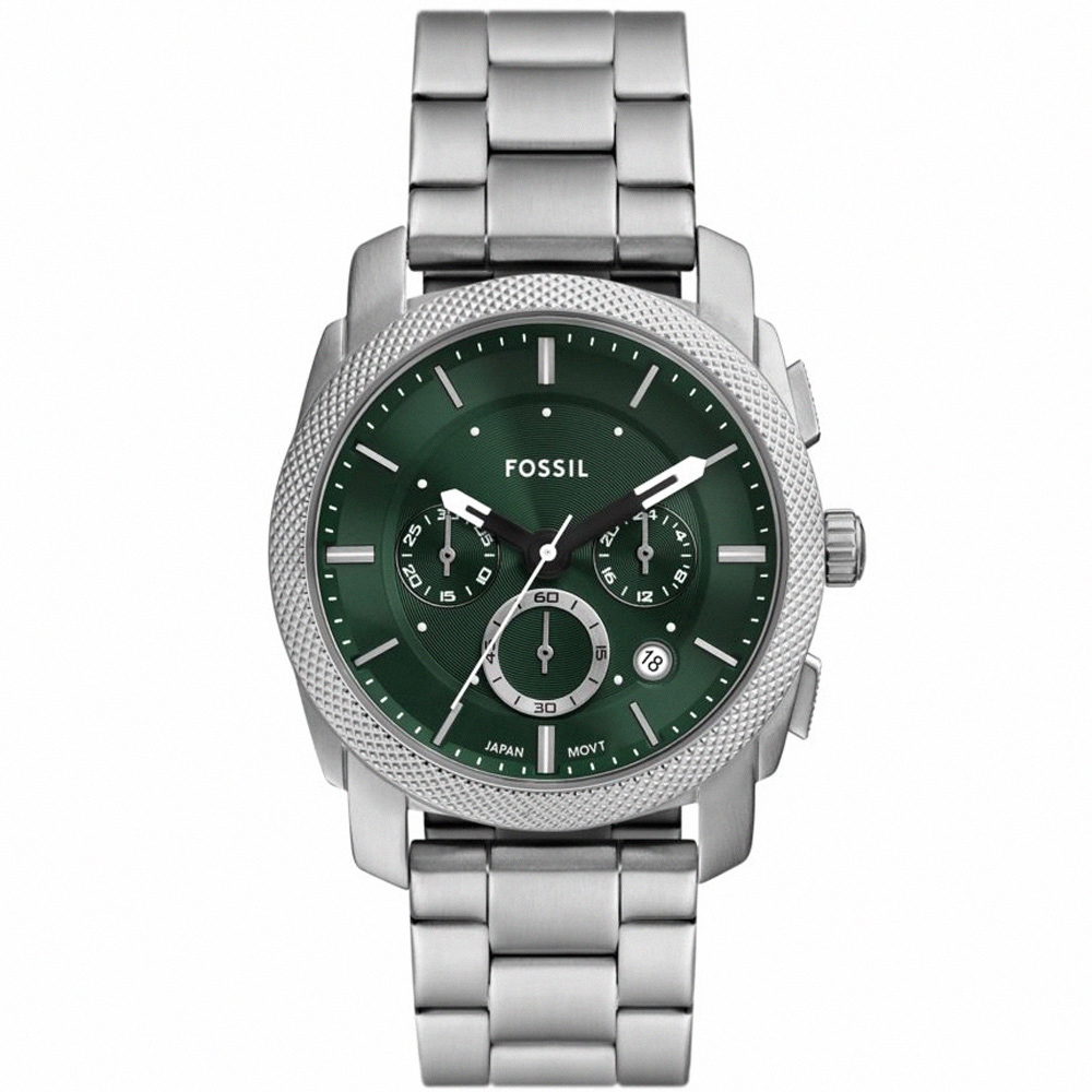 【FOSSIL】公司貨 Machine 潮流魅力三眼計時不鏽鋼腕錶/銀x綠面 男錶(FS6079)