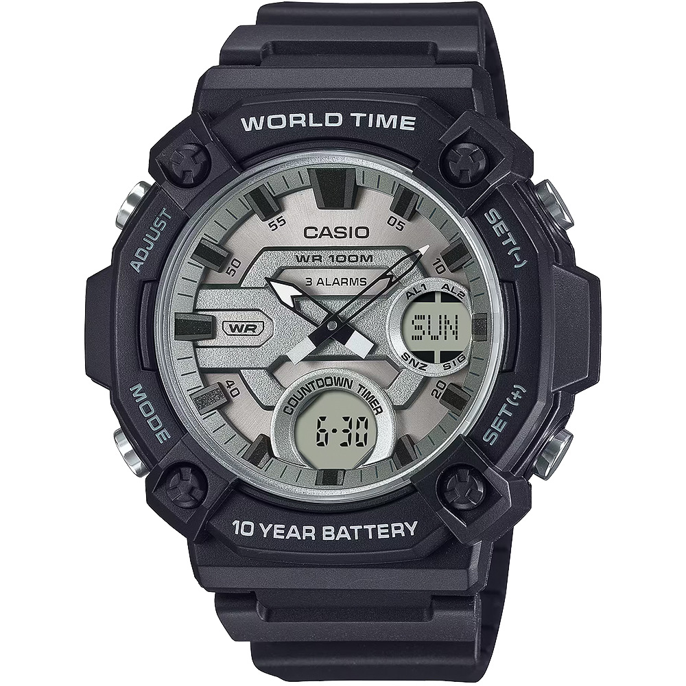 CASIO 卡西歐 10年電力 冒險精神 計時雙顯錶 手錶-黑x白 AEQ-120W-7A