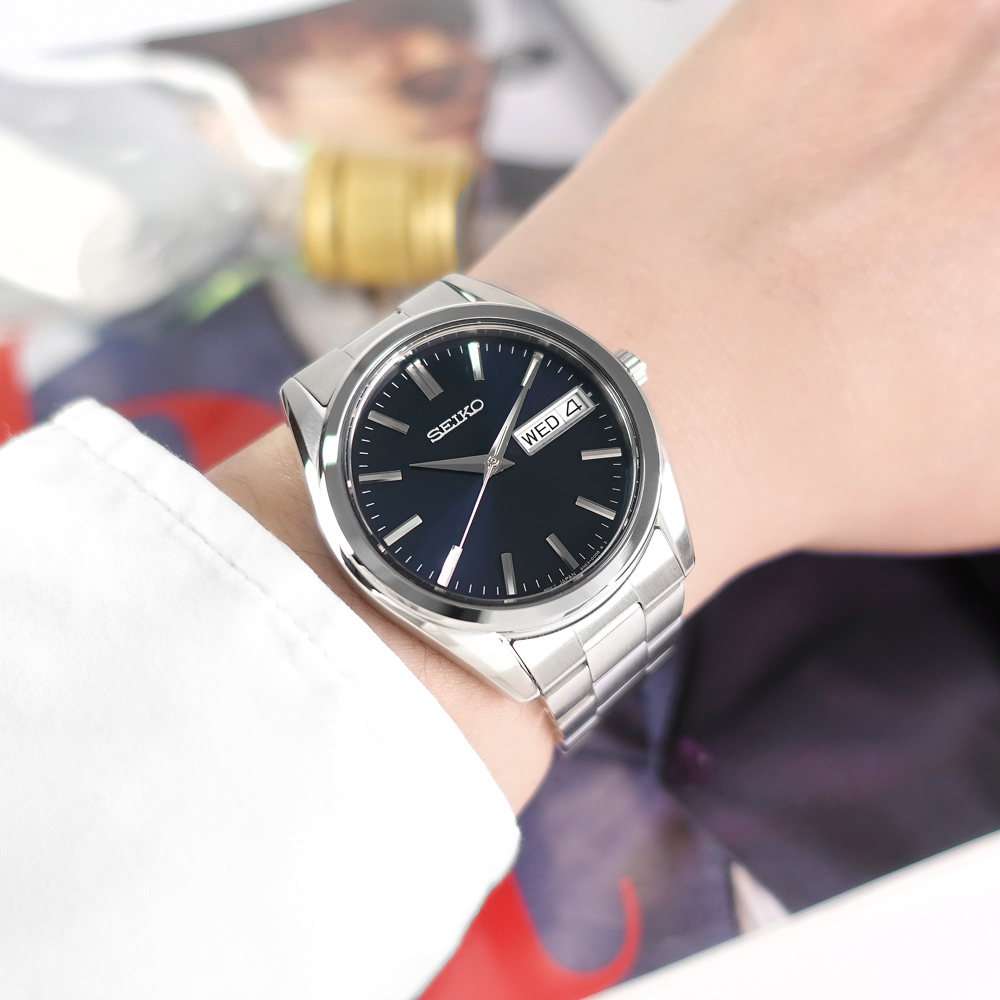 SEIKO 精工 / SBTH009 / 日本國內版 簡約時尚 藍寶石水晶玻璃 星期日期 防水100米 藍色 37mm