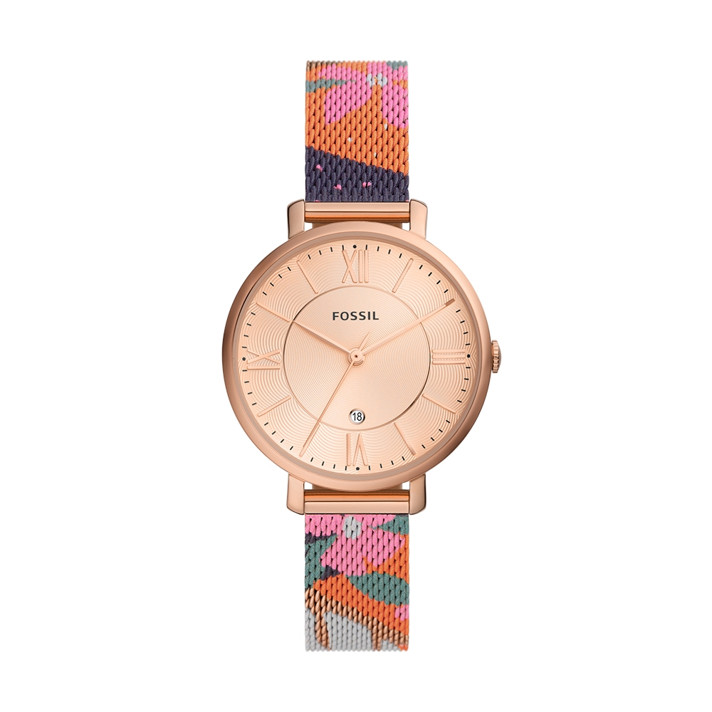 FOSSIL Jacqueline 經典夏日圖騰真皮女錶玫瑰金不鏽鋼鍊帶ES5170