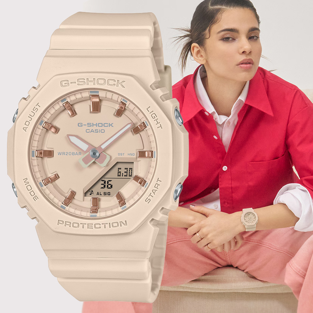 CASIO 卡西歐 G-SHOCK WOMEN 八角形 玫瑰金時標雙顯錶GMA-P2100M-4A