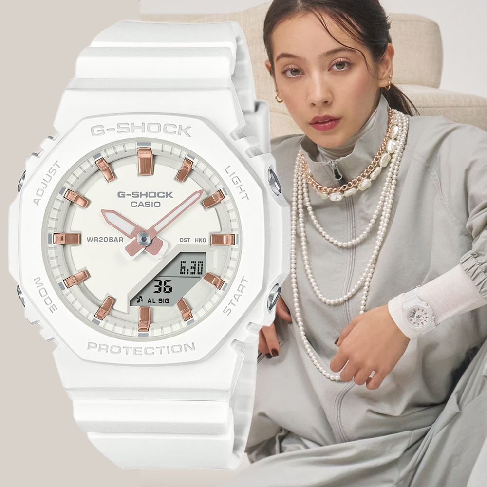 CASIO 卡西歐 G-SHOCK WOMEN 八角形 玫瑰金時標雙顯錶GMA-P2100M-7A