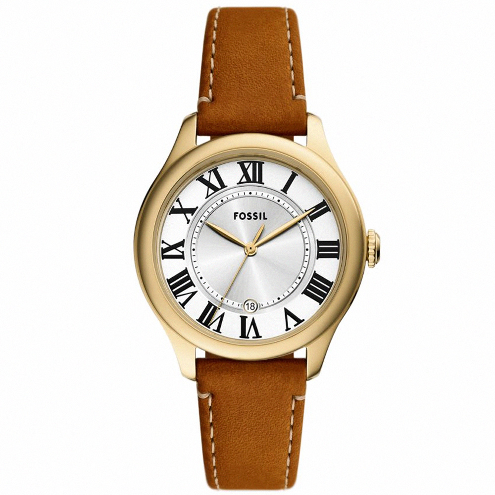 【FOSSIL】公司貨 Gilmore 古典之韻皮革腕錶/棕x香檳金框 女錶(ES5397)