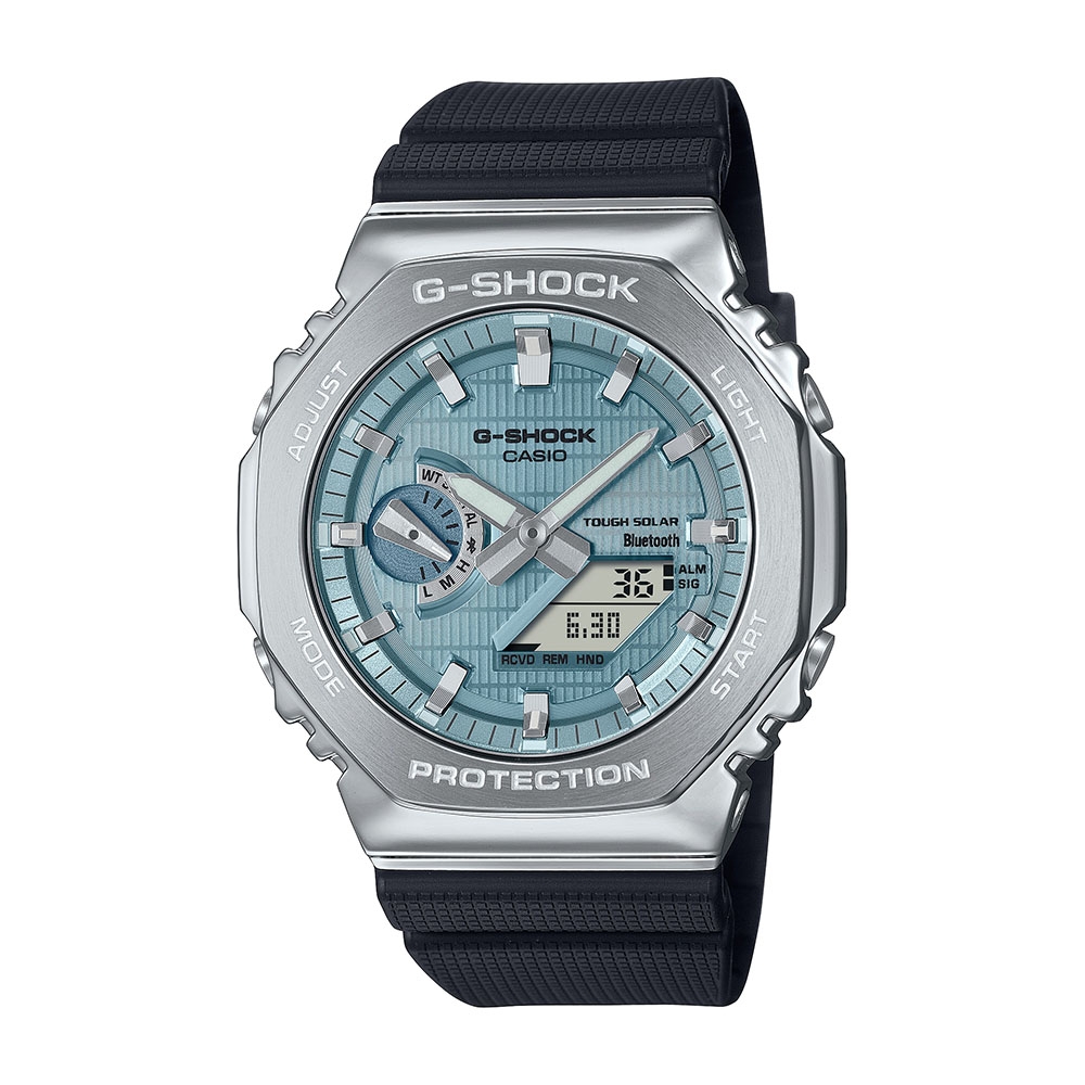 【CASIO 卡西歐】G-SHOCK 精緻斬新 金屬錶殼 八角形錶殼 冰川藍 藍芽 太陽能電力 GBM-2100A-1A2 44.4mm