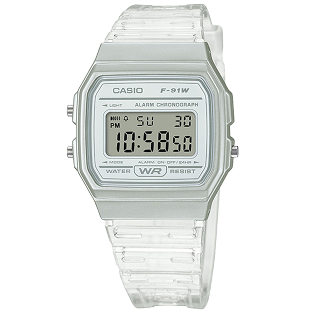 CASIO / F-91WS-7 / 卡西歐 方形造型 果凍漸層 電子液晶 橡膠手錶 半透明白色 35mm