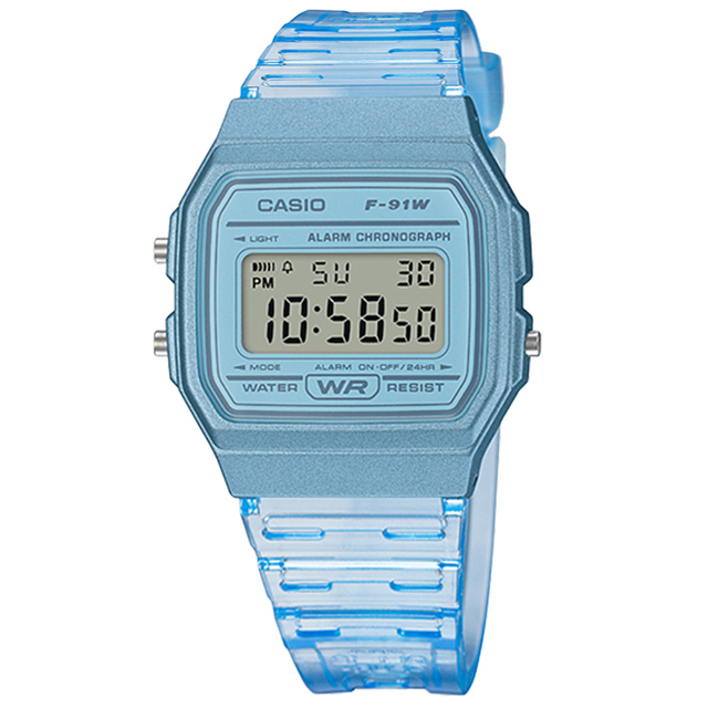 CASIO / F-91WS-2 / 卡西歐 方形造型 果凍漸層 電子液晶 橡膠手錶 半透明藍色 35mm