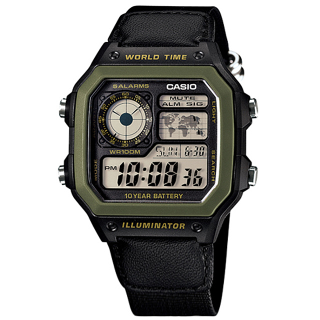 CASIO / AE-1200WHB-1B / 卡西歐 軍事風格 世界時間 防水100米 電子液晶 帆布手錶 軍綠色x黑 40mm